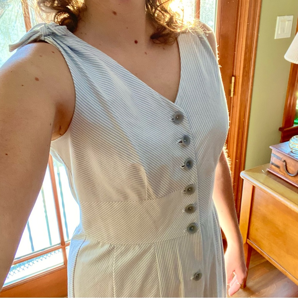 Vintage Y2K Blue Pinstripe Fitted Bodice Button-Up Sleeveless Summer Dress